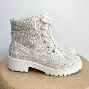 Betsey Johnson Women’s White Pearl Rhinestone Lace Up Hudson Combat Boot